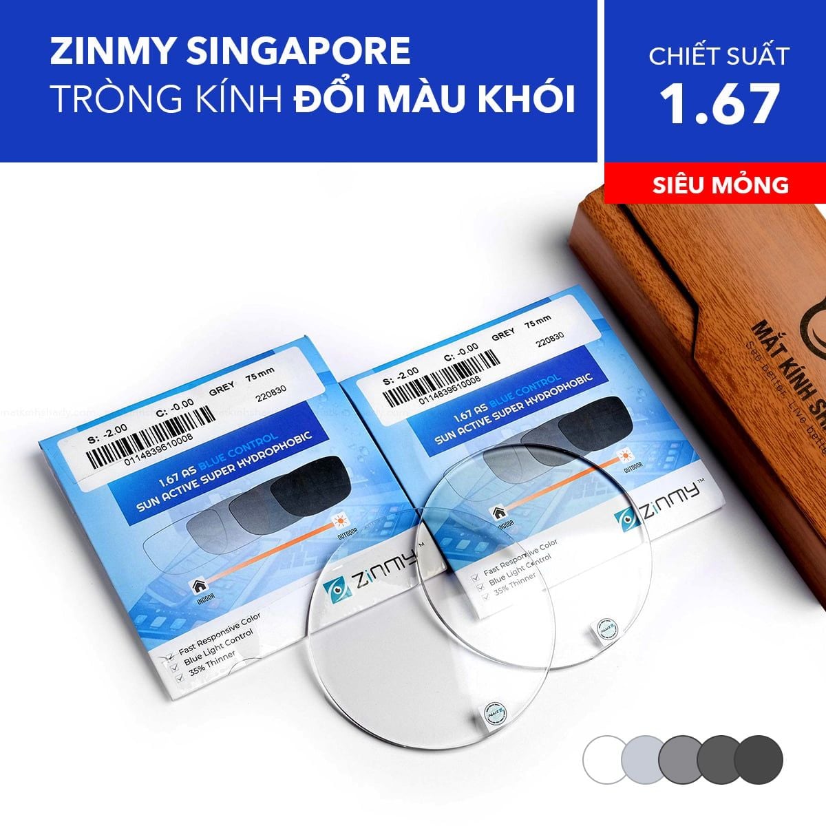 Tròng Kính Siêu Mỏng Chống Ánh Sáng Xanh Zimmy Đổi Màu Khói 1.67